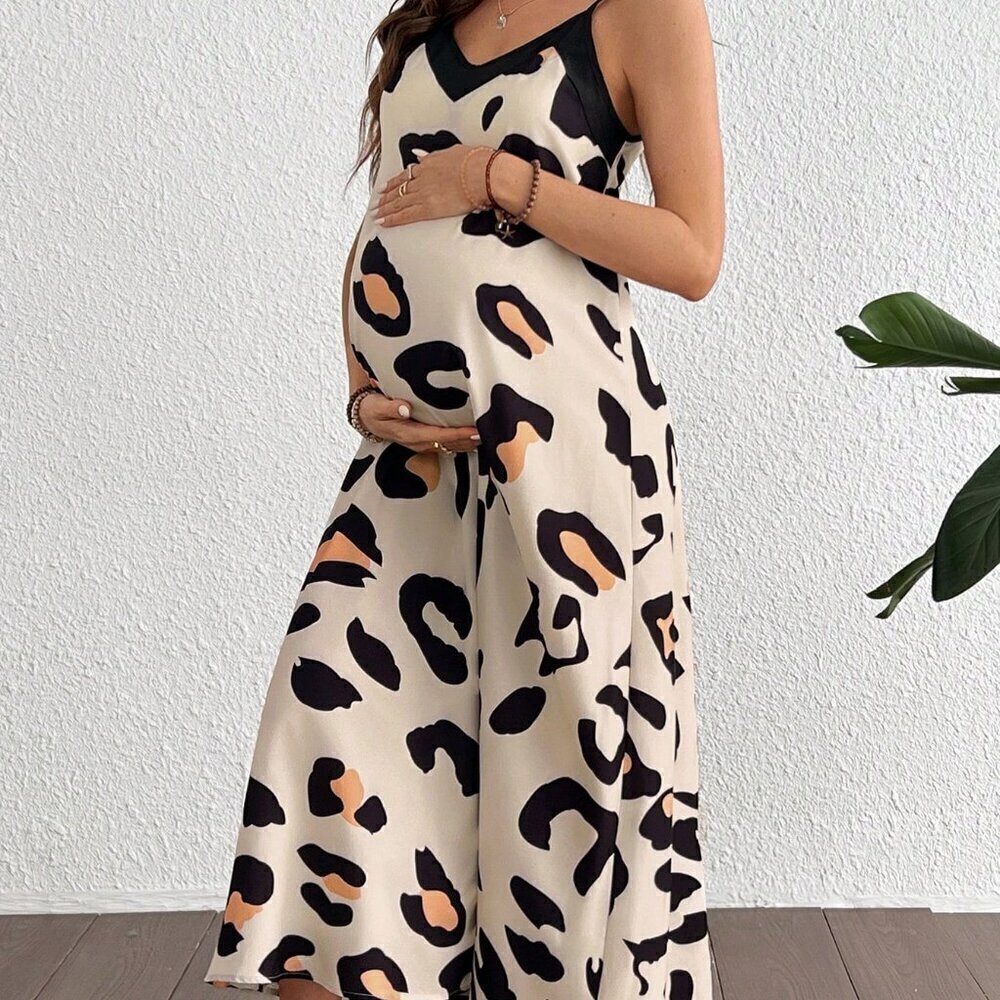 Multicolor Casual Women's Loose Maternity Leopard Print Camisole V-Neck Dress